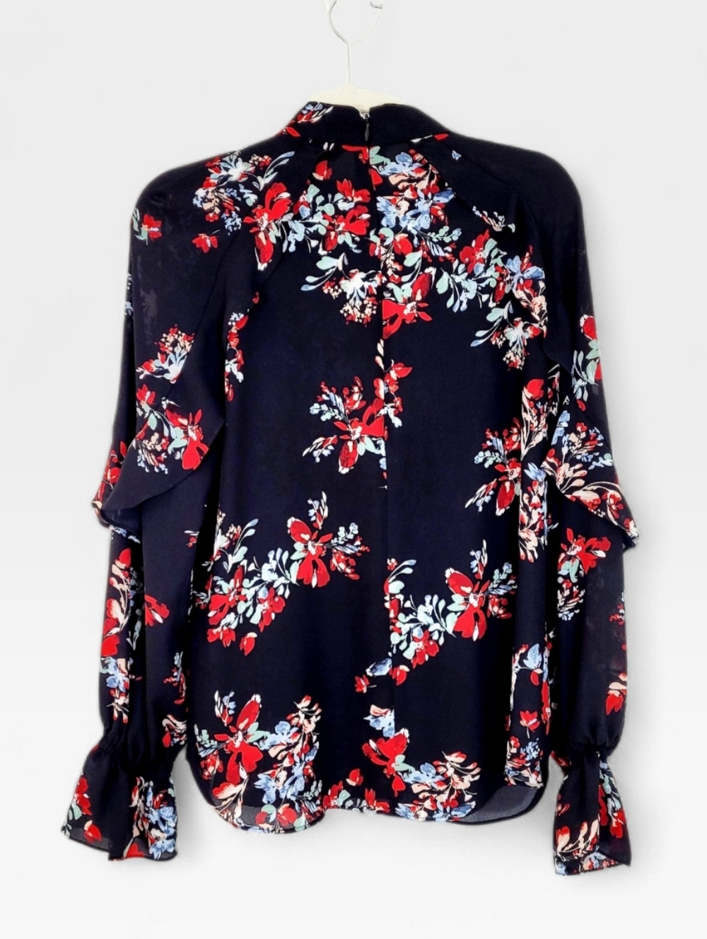 Lauren Ralph Lauren Black Multi Floral Tie-Neck Blouse Ruffle Trim Medium - Picture 6 of 10